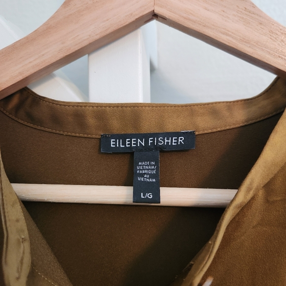 Eileen Fisher Large Gold Leaf Recycled Satin Long Shirt Dress Mandarin Collar - Picture 3 of 10